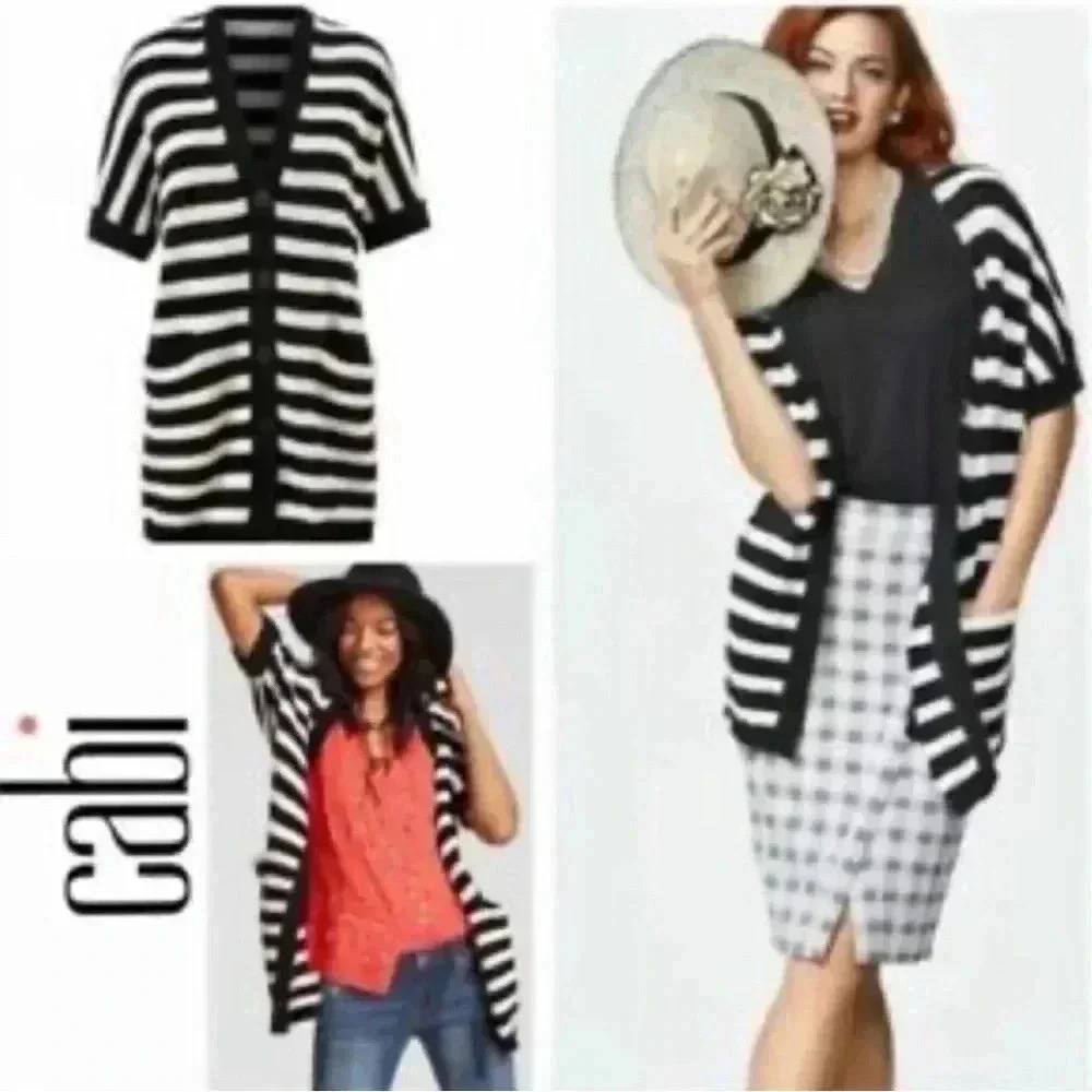 CAbi Whistle Cardigan Women's Small 5289 Knit Short Sleeve Black White Pockets